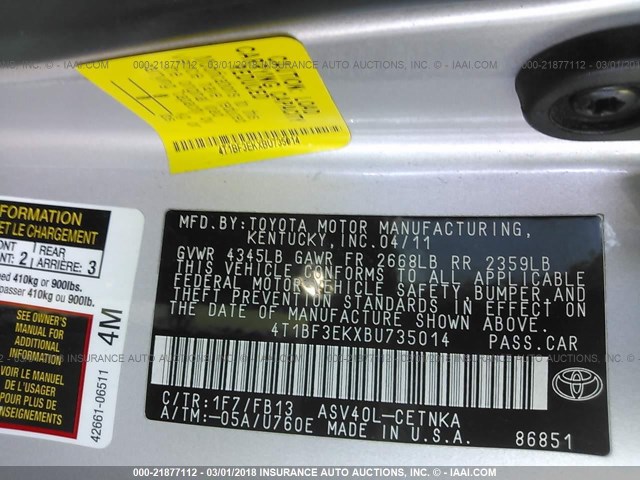 4T1BF3EKXBU735014 - 2011 TOYOTA CAMRY SE/LE/XLE Серебристый фото 9