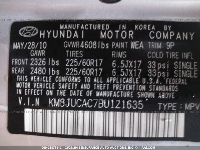 KM8JUCAC7BU121635 - 2011 HYUNDAI TUCSON GLS/LIMITED SILVER photo 9