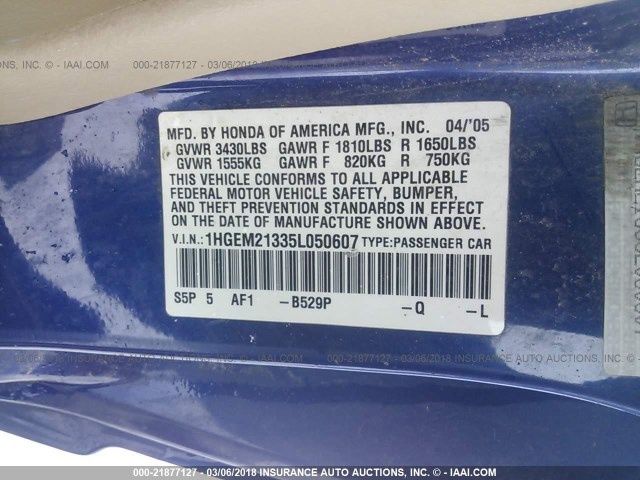 1HGEM21335L050607 - 2005 HONDA CIVIC DX VP Mavi foto 9