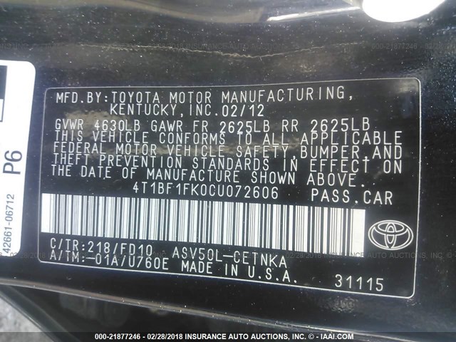 4T1BF1FK0CU072606 - 2012 TOYOTA CAMRY SE/LE/XLE BLACK photo 9