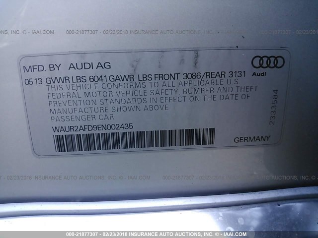 WAUR2AFD9EN002435 - 2014 AUDI A8 L QUATTRO SILVER photo 9