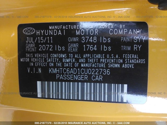 KMHTC6AD1CU022736 - 2012 HYUNDAI VELOSTER YELLOW photo 9