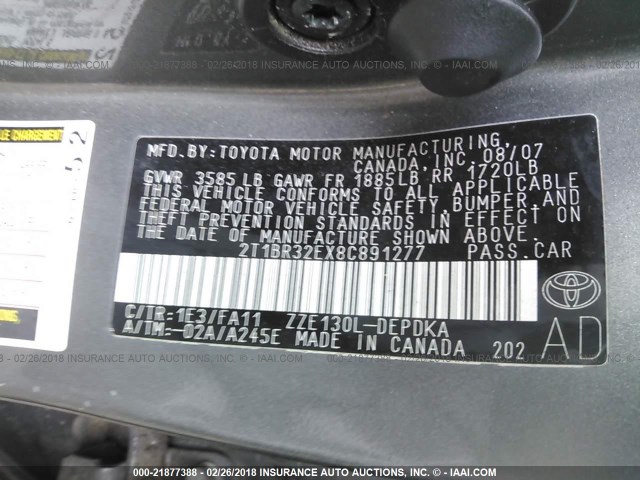 2T1BR32EX8C891277 - 2008 TOYOTA COROLLA CE/LE/S GRAY photo 9