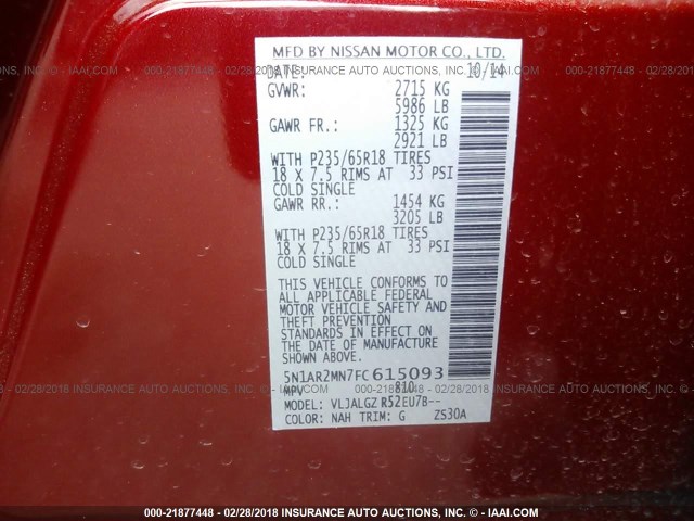 5N1AR2MN7FC615093 - 2015 NISSAN PATHFINDER S/SV/SL/PLATINUM 红色 照片 9