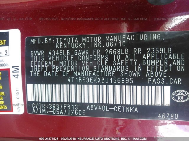 4T1BF3EKXBU156895 - 2011 TOYOTA CAMRY SE/LE/XLE RED photo 9