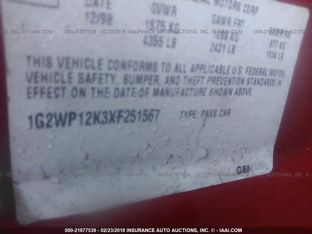 1G2WP12K3XF251567 - 1999 PONTIAC GRAND PRIX GT 红色 照片 9