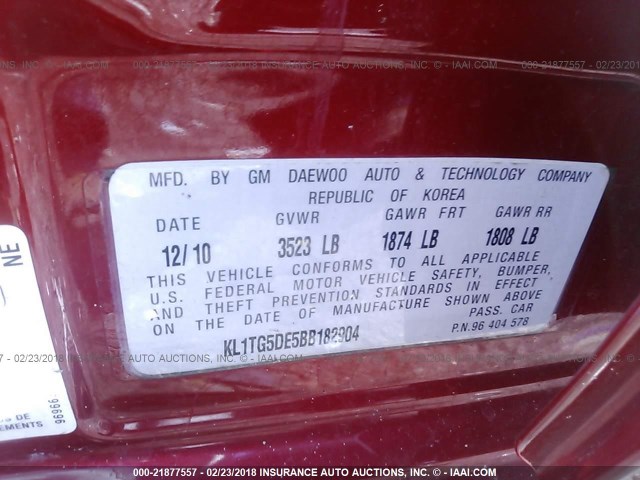 KL1TG5DE5BB182904 - 2011 CHEVROLET AVEO LT RED photo 9