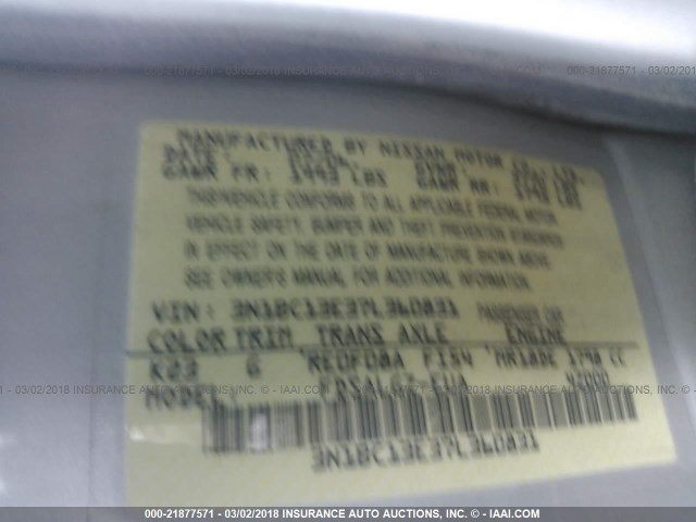 3N1BC13E37L360831 - 2007 NISSAN VERSA S/SL SILVER photo 9