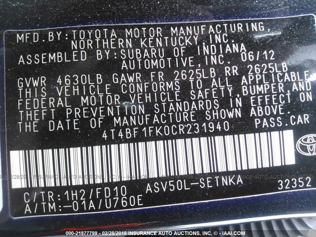 4T4BF1FK0CR231940 - 2012 TOYOTA CAMRY SE/LE/XLE 黑色 照片 9