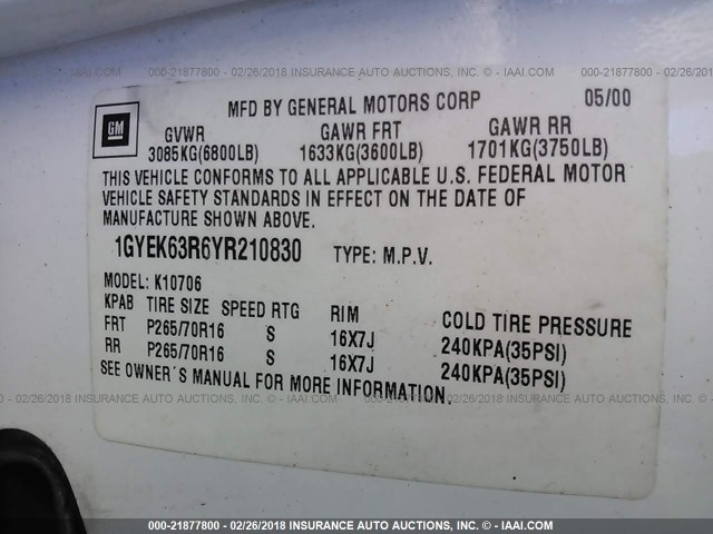 1GYEK63R6YR210830 - 2000 CADILLAC ESCALADE LUXURY თეთრი ფოტო 9