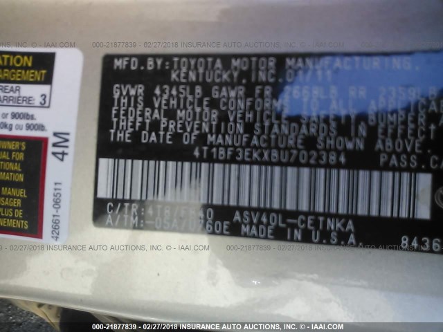 4T1BF3EKXBU702384 - 2011 TOYOTA CAMRY SE/LE/XLE BEIGE photo 9