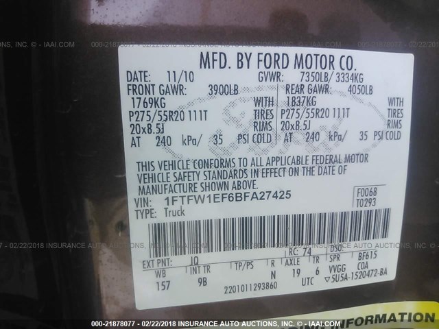 1FTFW1EF6BFA27425 - 2011 FORD F150 SUPERCREW BROWN photo 9