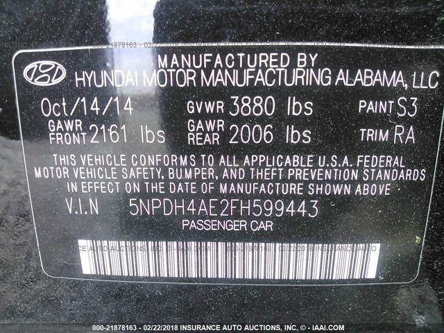 5NPDH4AE2FH599443 - 2015 HYUNDAI ELANTRA SE/SPORT/LIMITED BLACK photo 9