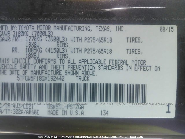 5TFGW5F18GX192442 - 2016 TOYOTA TUNDRA CREWMAX 1794/PLATINUM 橙色 照片 9