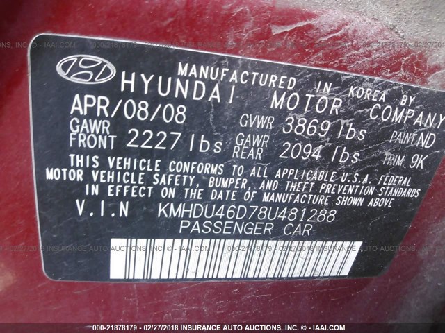 KMHDU46D78U481288 - 2008 HYUNDAI ELANTRA GLS/SE/LIMITED RED photo 9