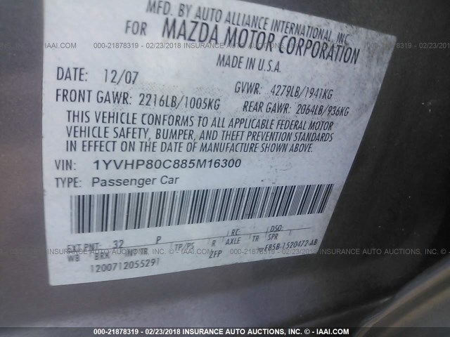 1YVHP80C885M16300 - 2008 MAZDA 6 I GRAY photo 9