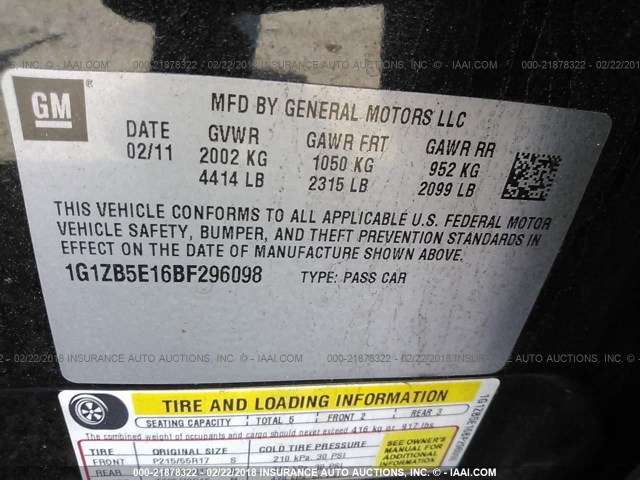 1G1ZB5E16BF296098 - 2011 CHEVROLET MALIBU LS შავი ფოტო 9