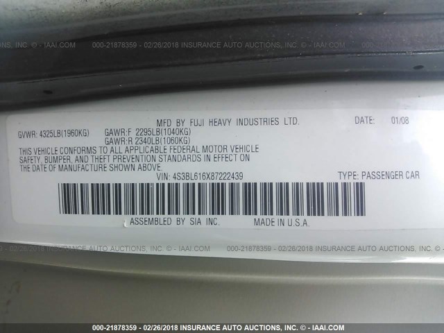 4S3BL616X87222439 - 2008 SUBARU LEGACY 2.5I WHITE photo 9