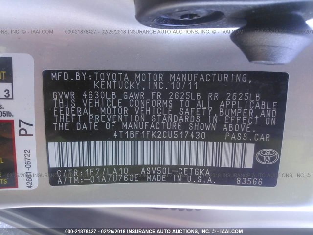 4T1BF1FK2CU517430 - 2012 TOYOTA CAMRY SE/LE/XLE SILVER photo 9