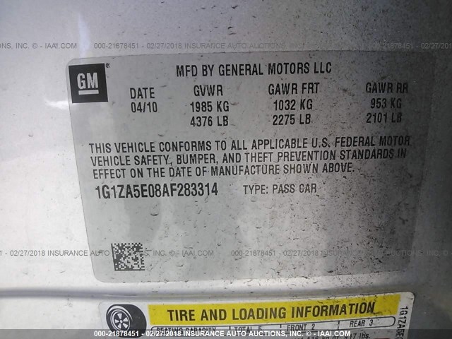 1G1ZA5E08AF283314 - 2010 CHEVROLET MALIBU LS 银色 照片 9