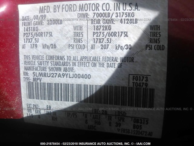 5LMRU27A9YLJ00400 - 2000 LINCOLN NAVIGATOR 红色 照片 9