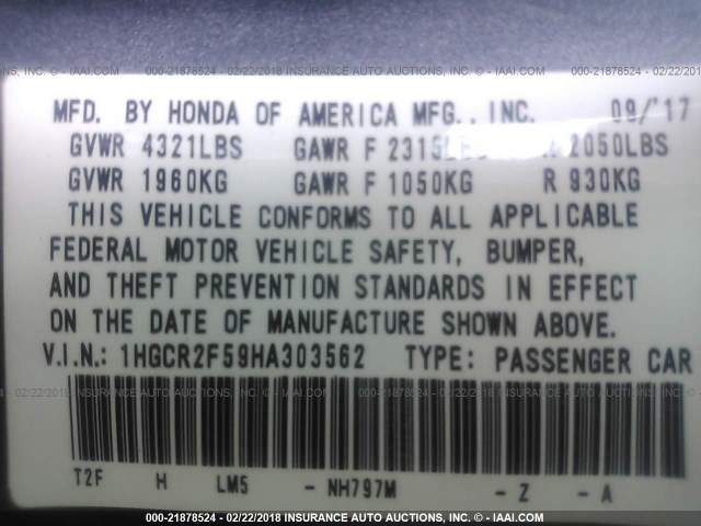1HGCR2F59HA303562 - 2017 HONDA ACCORD SPORT 灰色 照片 9