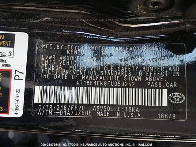 4T1BF1FK8FU059252 - 2015 TOYOTA CAMRY LE/XLE/SE/XSE Schwarz Foto 9