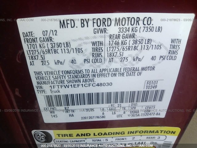 1FTFW1EF1CFC48030 - 2012 FORD F150 SUPERCREW RED photo 9