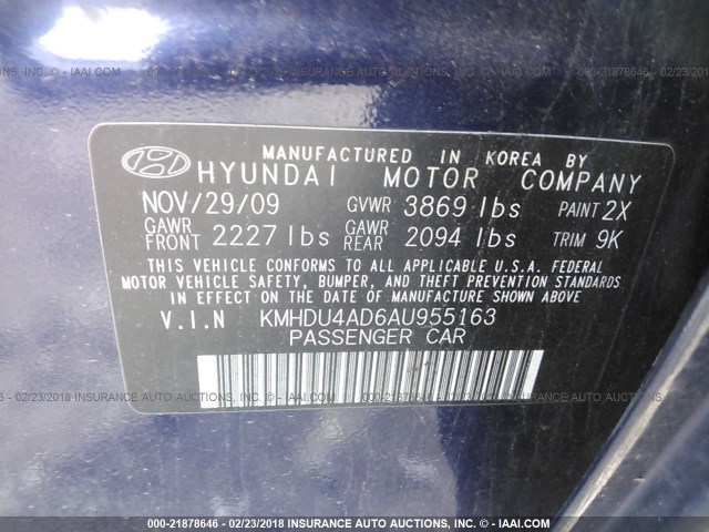 KMHDU4AD6AU955163 - 2010 HYUNDAI ELANTRA BLUE/GLS/SE BLUE photo 9