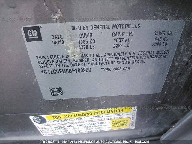 1G1ZC5EU0BF100969 - 2011 CHEVROLET MALIBU 1LT 棕色 照片 9