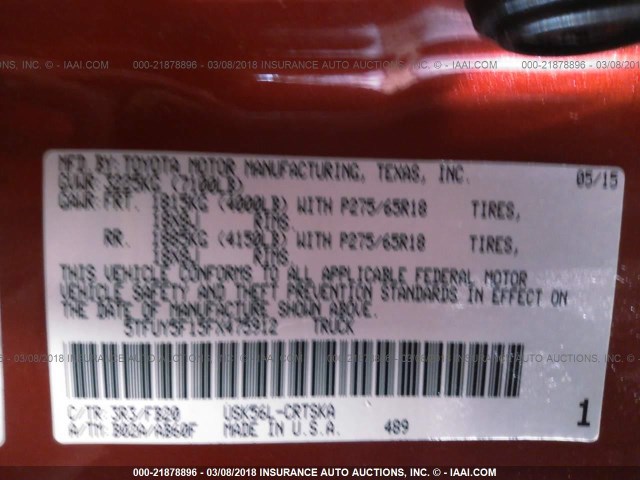 5TFUY5F15FX475912 - 2015 TOYOTA TUNDRA DOUBLE CAB SR/SR5 RED photo 9