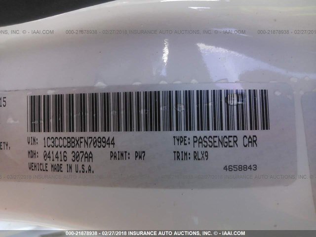 1C3CCCBBXFN709944 - 2015 CHRYSLER 200 S WHITE photo 9