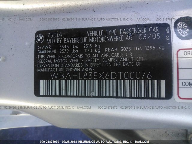 WBAHL835X6DT00076 - 2006 BMW 750 I SILVER photo 9