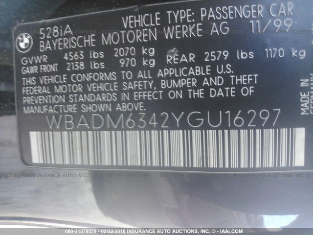 WBADM6342YGU16297 - 2000 BMW 528 I AUTOMATIC Qara foto 9