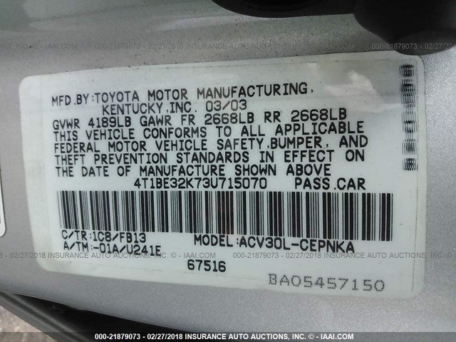 4T1BE32K73U715070 - 2003 TOYOTA CAMRY LE/XLE/SE ვერცხლისფერი ფოტო 9