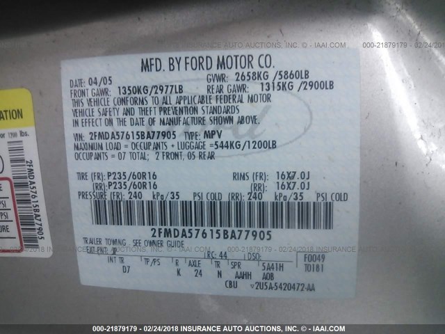 2FMDA57615BA77905 - 2005 FORD FREESTAR SES SILVER photo 9