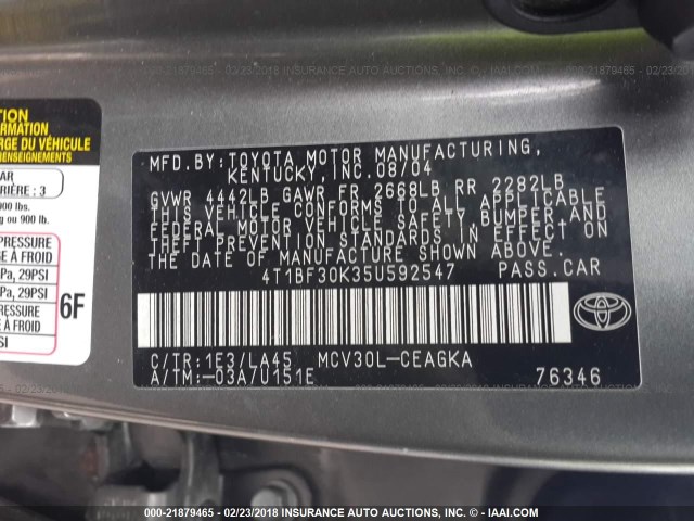 4T1BF30K35U592547 - 2005 TOYOTA CAMRY LE/XLE/SE 灰色 照片 9