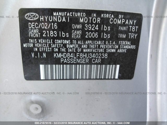 KMHD84LF8HU340238 - 2017 HYUNDAI ELANTRA SE/VALUE/LIMITED SILVER photo 9