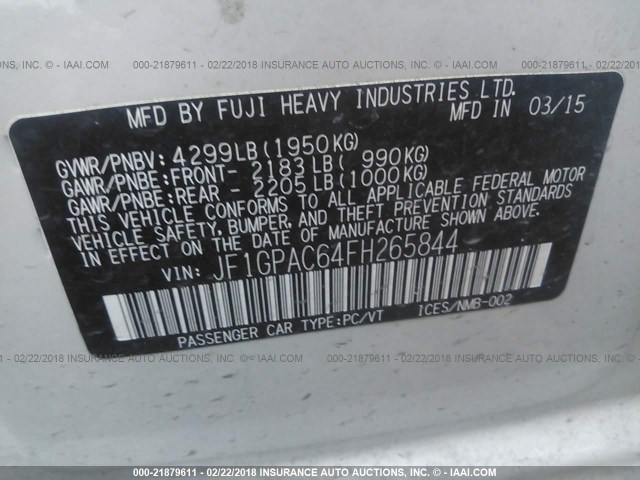 JF1GPAC64FH265844 - 2015 SUBARU IMPREZA PREMIUM WHITE photo 9