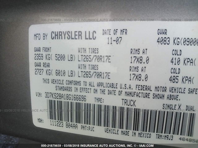 3D7KS28A18G166696 - 2008 DODGE RAM 2500 ST/SLT 金色 照片 9