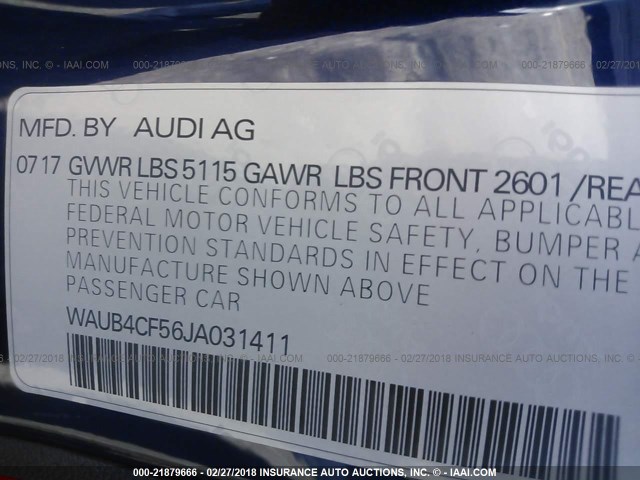 WAUB4CF56JA031411 - 2018 AUDI S5 PREMIUM PLUS BLUE photo 9