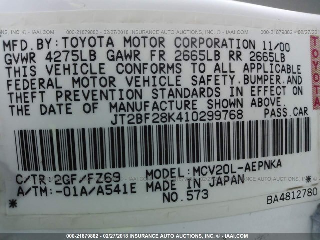JT2BF28K410299768 - 2001 TOYOTA CAMRY LE/XLE Ақ фото 9