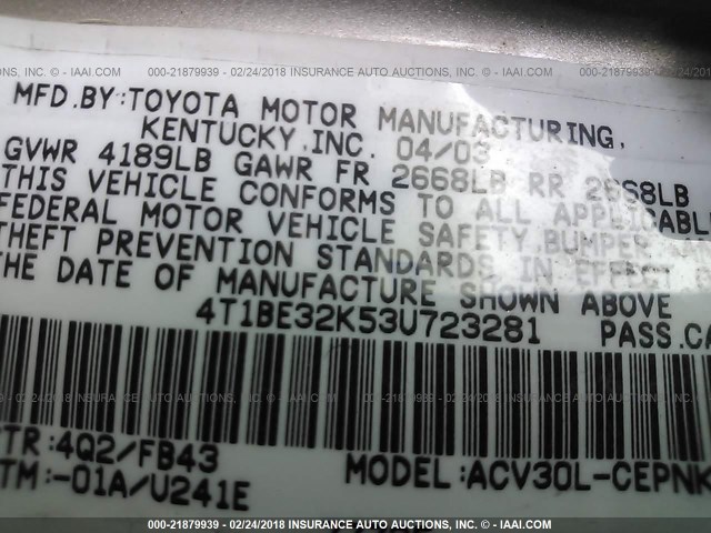 4T1BE32K53U723281 - 2003 TOYOTA CAMRY LE/XLE/SE GOLD photo 9