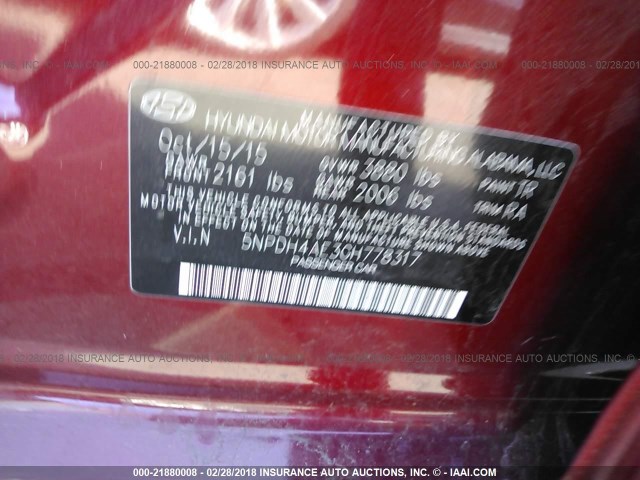 5NPDH4AE3GH778317 - 2016 HYUNDAI ELANTRA SE/SPORT/LIMITED BURGUNDY photo 9