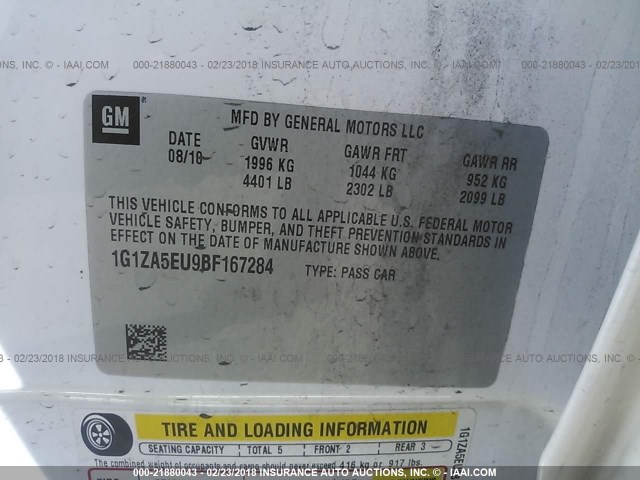 1G1ZA5EU9BF167284 - 2011 CHEVROLET MALIBU LS 白色 照片 9