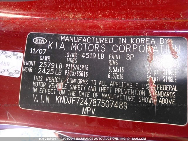 KNDJF724787507489 - 2008 KIA SPORTAGE LX RED photo 9