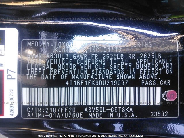 4T1BF1FK9DU219037 - 2013 TOYOTA CAMRY L/SE/LE/XLE BLACK photo 9