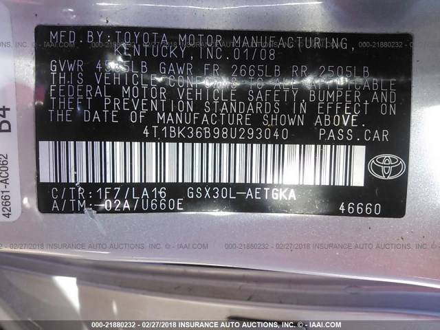 4T1BK36B98U293040 - 2008 TOYOTA AVALON XL/XLS/TOURING/LIMITED SILVER photo 9