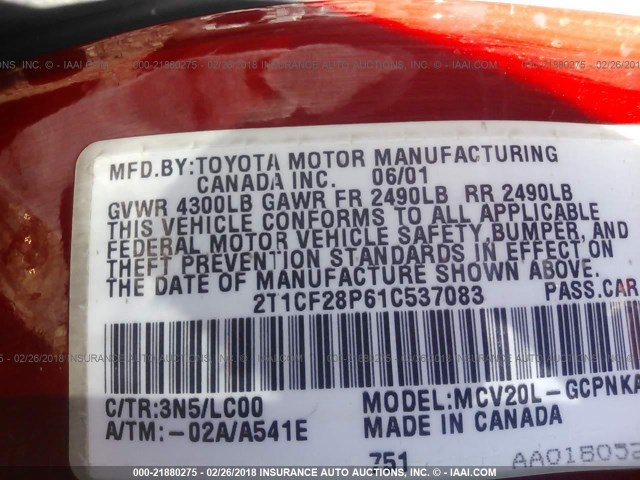 2T1CF28P61C537083 - 2001 TOYOTA CAMRY SOLARA SE/SLE წითელი ფოტო 9