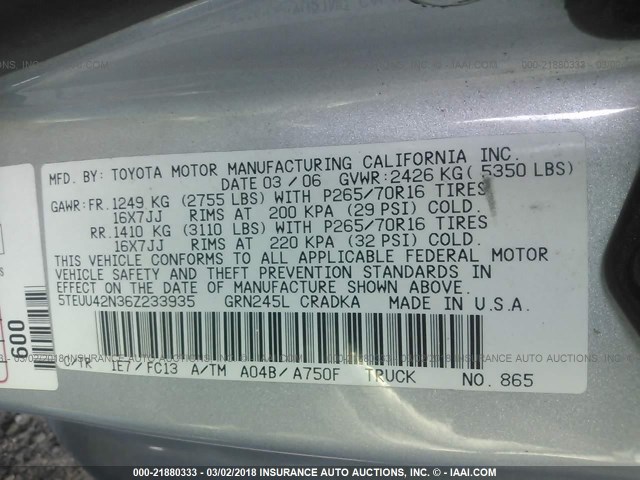 5TEUU42N36Z233935 - 2006 TOYOTA TACOMA ACCESS CAB Grau Foto 9